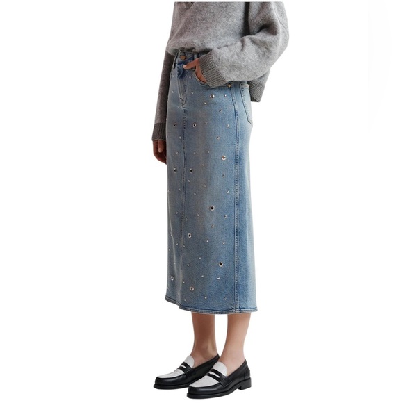Essentiel Antwerp Blue Eyelet Denim Skirt NWT Grommet Detailing Women’s Size 8 - Picture 1 of 16